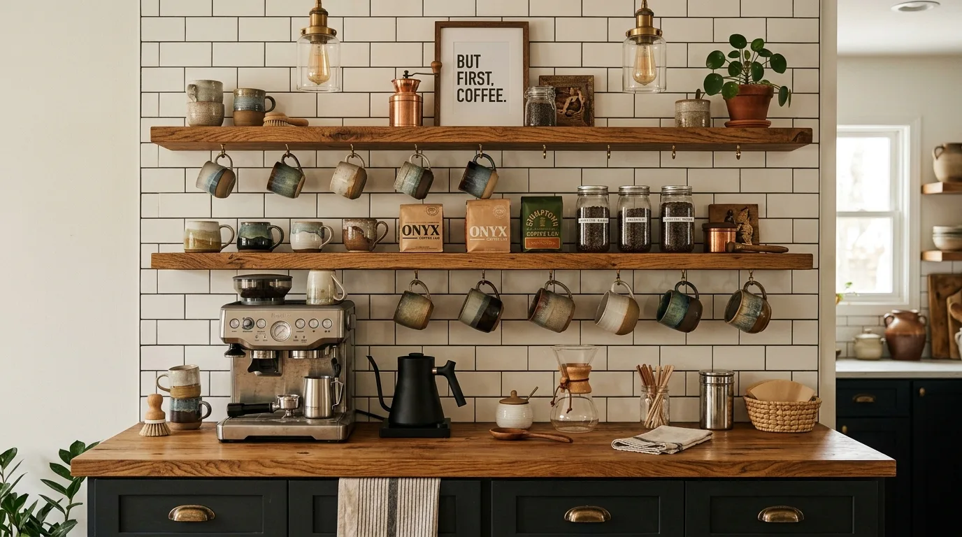 Coffee Bar with Open Shelving for 10 coffee bar ideas for a stylish kitchen setup